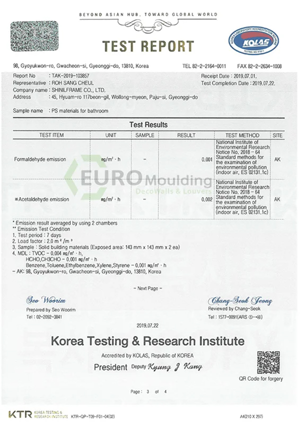 Giấy chứng nhận kiểm định chất lượng sản phẩm của Euro Moulding